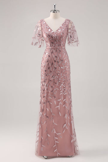 Dusty Rose V-Neck Fourreau Paillettes Mère de la mariée Robe à manches courtes